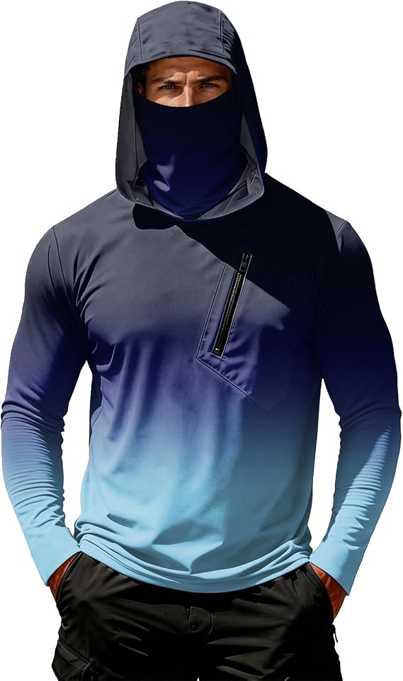 Men's UPF 50+ Sun Protection Hooded Shirt with Face and Pocket Cover Long Sleeve Fishing Rash Guard Shirts