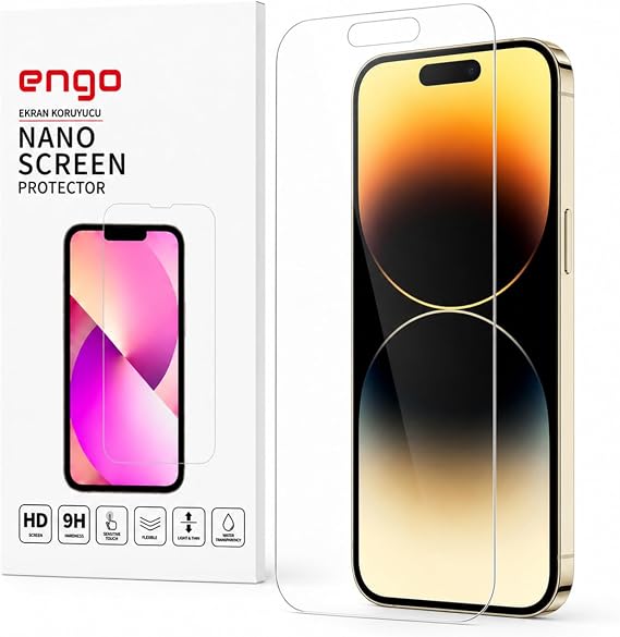 Engo Apple iPhone 14 Pro İle Uyumlu Ekran Koruyucu Şeffaf, Dayanıklı Esnek Yapılı Kırılmaz 9h Nano Cam Koruma