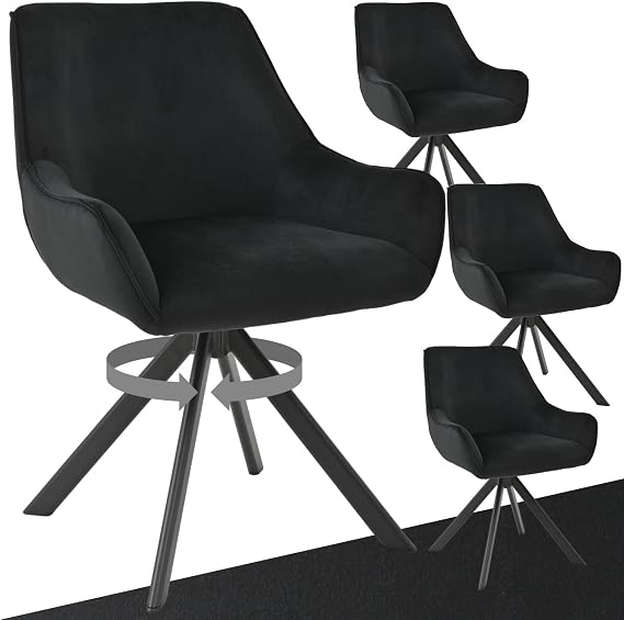 Dining Room Chairs Swivel Set of 4 with Armrests - 360° Swivel Upholstered Chair Velvet Modern Swivel Kitchen Chair with Metal Frame and Backrest for Dining Room Living Room Office Black