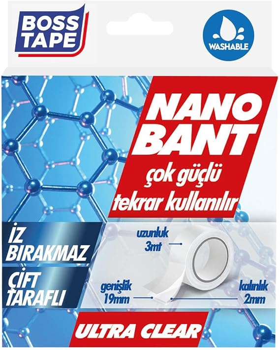 Boss Tape Tarafli Nano Bant, 19 mm x 3 mt Boyut, Seffaf Çift