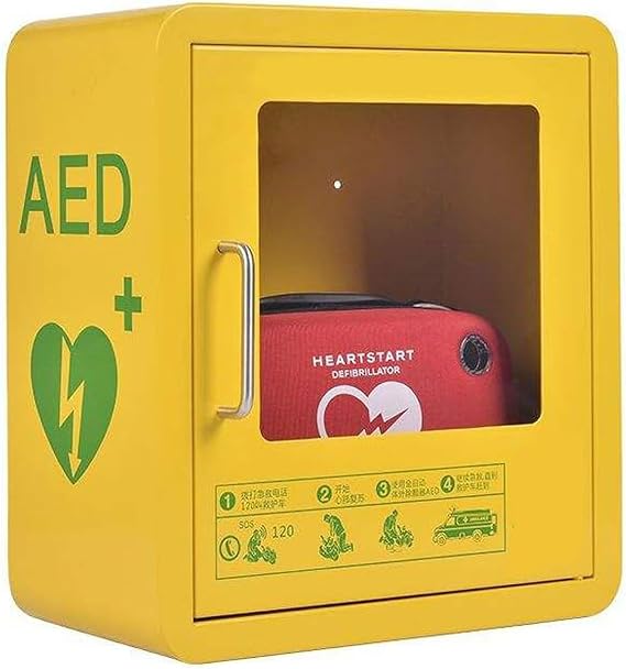 AED Storage Cabinet, AED Cardiac Defibrillator Wall Mount Storage Box with Light, Alarm, Snap Lock, Metal Steel Plate, Fits Most AED Models for Emergency Home Schools Office Public Places