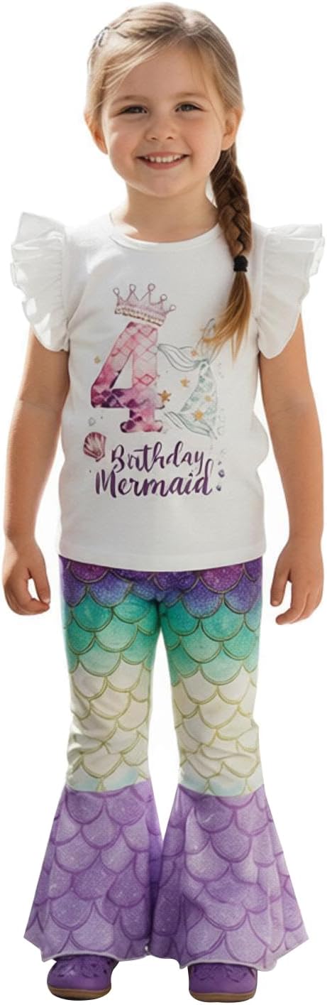 Honganda Toddler Baby Girl Birthday Mermaid Outfit 2nd 3rd 4th T-shirt Top with Mermaid Pants Summer Cake Smash Clothes Set