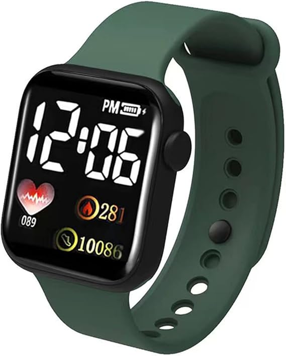 Digital Watch Electronic Watch Luminous Square Dial Non Waterproof Adjustable Comfortable Precise Time Heart Print Kids LED Digital Sport Wrist Digital Wrist Watch, Atrovirens, Casual