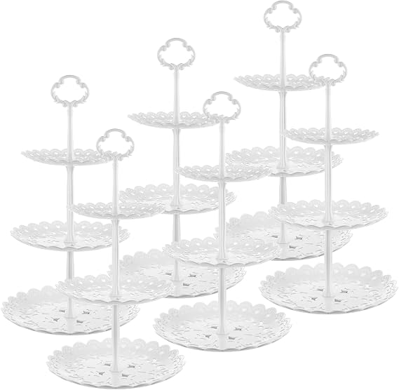 AKOLAFE 6 Pack 3 Tier Cake Stand All White Cake Stand Plastic Afternoon Tea Stands Cup Cake Fruit Dessert Stand Openwork Plate Design Display Cupcake Stand for Wedding, Birthday, Party