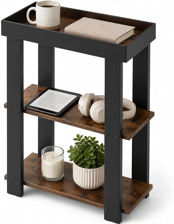 3-Tier Narrow Side Table with Tray Top,Slim Side Table,Rustic Brown