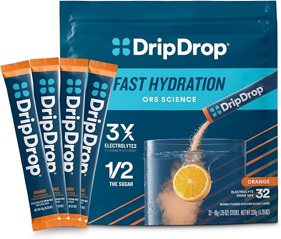 DripDrop Hydration Orange Electrolyte Packets, Powder Drink Mix, 32 Count | Orange; 3X Electrolytes; Potassium, Magnesium, Zinc, Vitamin C; Single Serve; Portable; Daily Use, Workouts, Travel