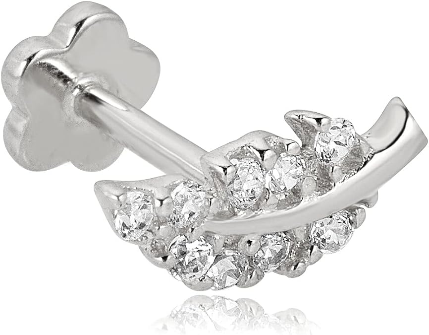 AVORA 14K Gold Simulated Diamond CZ Sideways Leaf Cartilage Piercing Flat Back Earring Body Jewelry (18 Gauge)