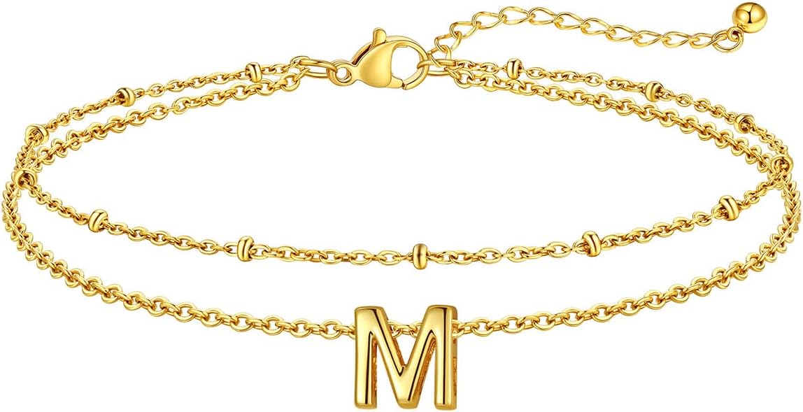 FaithHeart Initial Ankle Bracelets for Women, Waterproof 14k Gold Plated Initial Anklets Non Tarnish Stainless Steel Cute Layered Anklet Summer Beach Jewelry