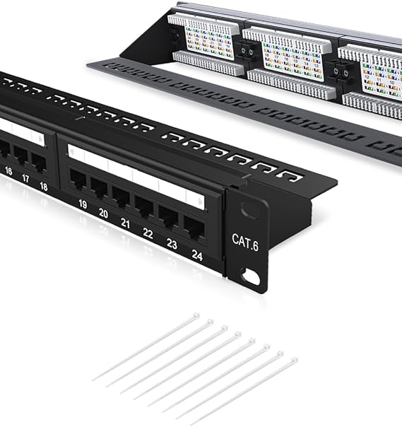 24 Port Keystone Patch Panel,CAT6 Patch Panel 1U 19" Compatible with Cat5e,Cat6, Cable Management, Wallmount or Rackmount,Color-Coded Labeling for T568A and T568B Wiring, Black