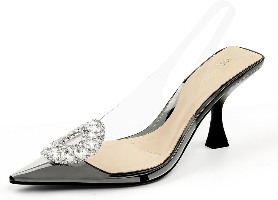 JENN ARDOR Clear Heels for Women Slingback Pointed Closed Toe Heels with Rhinestones 3 inch Comfortable Stiletto Sandals Pumps Wedding Party Dress Shoes
