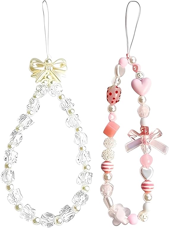 2Pcs Cute Phone Charm Wrist Strap, Pearl Bow Crystal Flower Phones Charms, Pink Stylish Phone Chain, Anti-Lost Lanyard Handmade Phones Bracelet Strap, Adorable Charms for Women Girls
