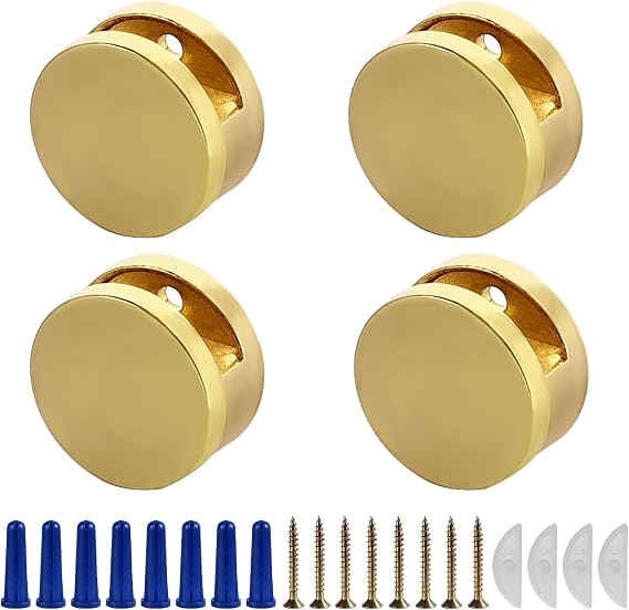 Frameless Mirror Mounting Hardware Kit Zinc Alloy Mirror Holder Clips Round Shape Dual-Screw Fixing Mirror Glass Hanging Bracket with Screws and Anchors Fit for 3-5mm Thickness(Golden, Set of 4 )