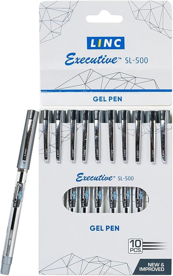 Linc Executive SL-500 Gel Pens, BLACK, Fine Point (0.55mm), Pack of 10, Comfortable Elastomeric Rubber Grip, Lubriflow Ink System, School Office Home Pens, LNEXSPPBK10