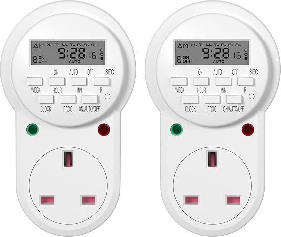 HBN Digital Programmable Plug-in Timer Socket, 24 Hours/7 Day Weekly Electronic Light Timer Plug with 9 On-Off Programs and Anti-Theft Random Function (13A/3120W, 2 Pack)