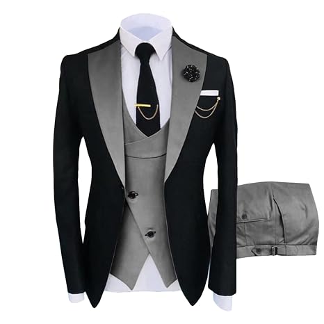 Mens 3 Pieces Slim Fit Suit Stylish Lapel One Button Dinner Prom Blazer Sets Party Wedding Jacket Vest Pants Set (Dark Grey,Large)