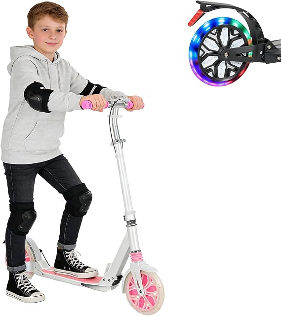 Kick Scooter for Ages 13+, Teens and Adults. Led Light Up Wheels, 4 Levels Adjustable Handlebar, Dual Brakes, Anti-Slip Pedal, Foldable 8in Big Wheels for Kids (300lbs)