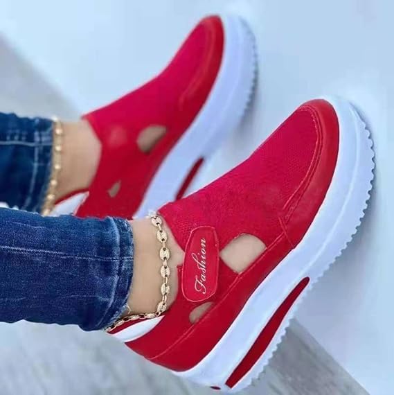 Breathable Platform Sneakers Womens Shoes Fashion Wedge Casual Sports Shoes Woman-Red,40