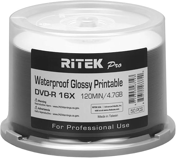 600 Ritek Pro DVD-R 4.7G Water Resistant Glossy White Inkjet Printable Disc