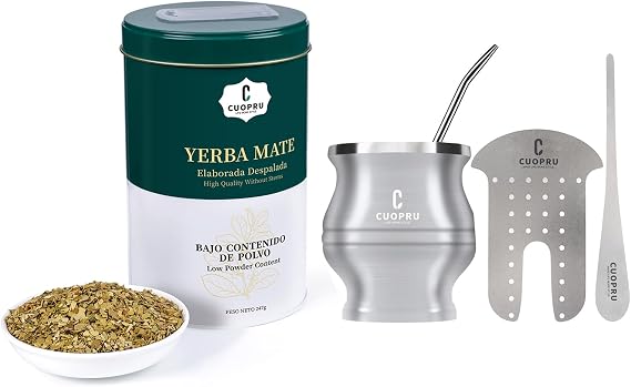 Cuopru Original Argentina Yerba Mate Leaves without Stems, and 5 in 1 Mate Cup Set with Tea Container