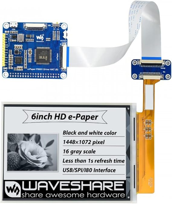 TUOPUONE 6inch E-Ink Display HAT Compatible with Raspberry Pi 14481072 Resolution High Definition Black/White Color 16 Gray Scale Without PCB Supports Partial Refresh