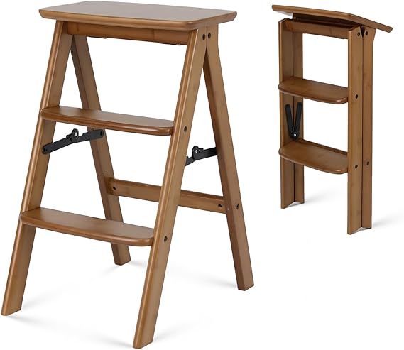Kate 3-Step Photography Foldable Wooden Step Ladder for Photography | Photography Bamboo Ladder for Adult, 300 lb Capacity Wood Pose Chair Stool for Kitchen, Library, Shooting, Living Room