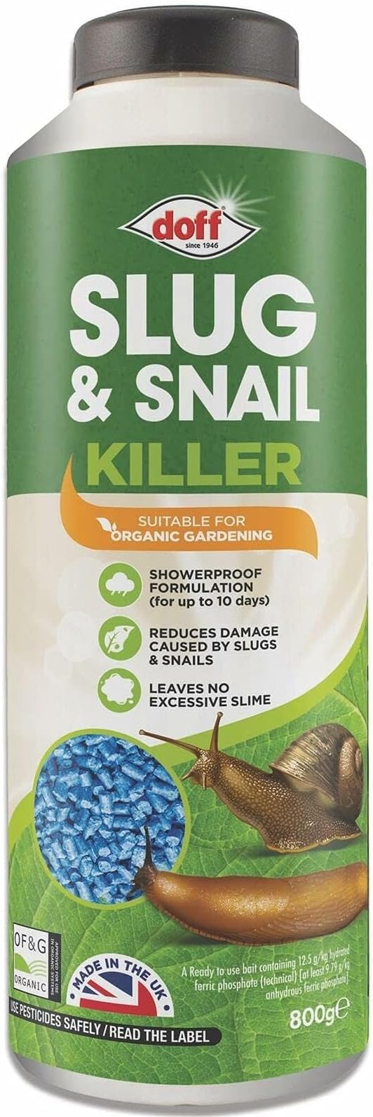Doff Slug & Snail Killer | 800g Garden Slug Pellets | Ferric Phosphate Formula for Effective Slug and Snail Control | Long-Lasting Protection in Damp Conditions for Up to 14 Days - Safe for Crops