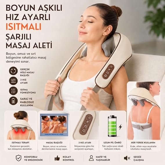 Isıtmalı Şarjlı Boyun ve Omuz Masaj Aleti, Kablosuz, tüm vücut için, 3 Hız Ayarlı, Taşınabilir