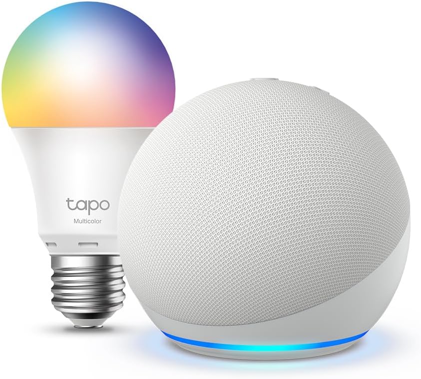 Echo Dot (5th generation) | Glacier White + Tapo L530EA Smart Light Bulb (E27), Works with Alexa - Smart Home Starter Kit, with Alexa+ Early Access