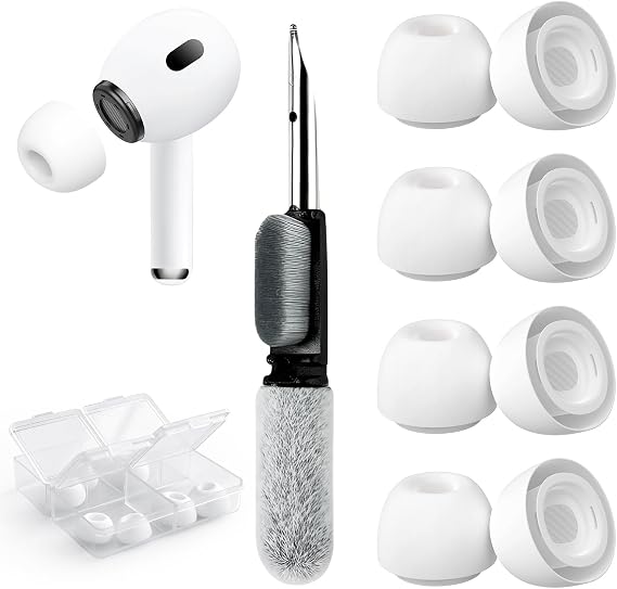 4 Pairs of Replacement Ear Tips Compatible with AirPods Pro and AirPods Pro 2 with Noise Reduction Hole Silicone Replacement Ear Inserts Wear with Cleaning Set and Portable Storage Box (XS/S/M/L)