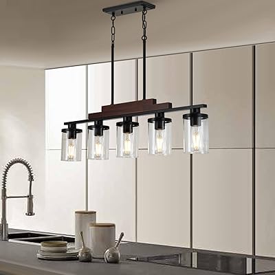 Dining Room Light Fixture Over Table Above Farmhouse Kitchen Island Lighting,Matte Black Rustic Rectangular Linear Chandelier Wood Pendant 5-Light Ceiling Hanging with Glass Shade for Bar Restaurant