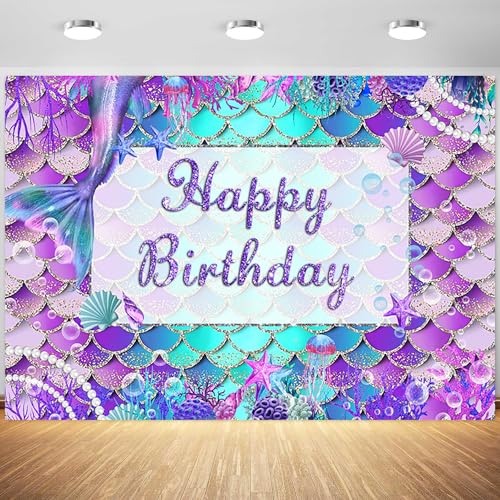 7x5ft Mermaid Birthday Backdrop Under The Sea Birthday Party Photography Background for Girl Glitter Blue Purple Mermaid Tails Banner Decorations Supplies Photo Booth Props
