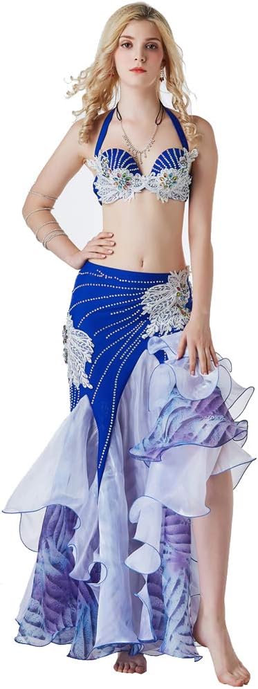 Women Belly Dance Clothes 2pcs Costumes for Belly Dance Bra Costume with Long Skirt Costume Luxury Stage Performance Carnival (Blue, M)