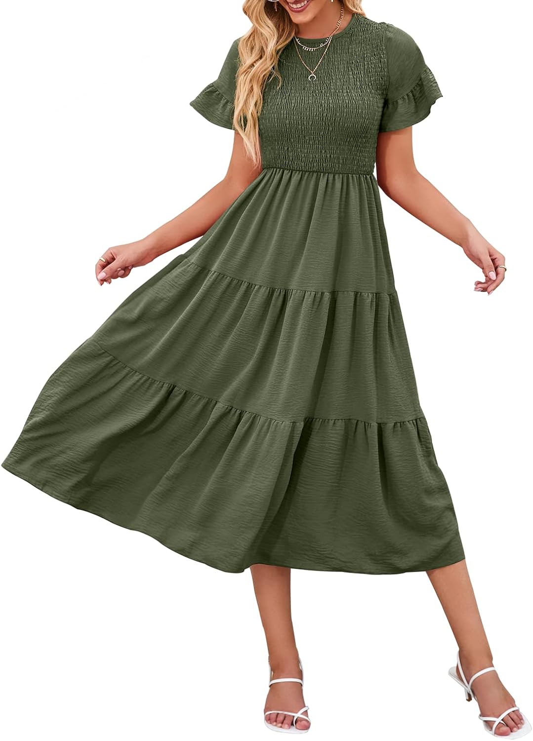 ALEIBUAU Women's Summer Dress Short Sleeve Round Neck Smocked Solid Color Flowy Pleated Loose Fit Casual Midi Dress