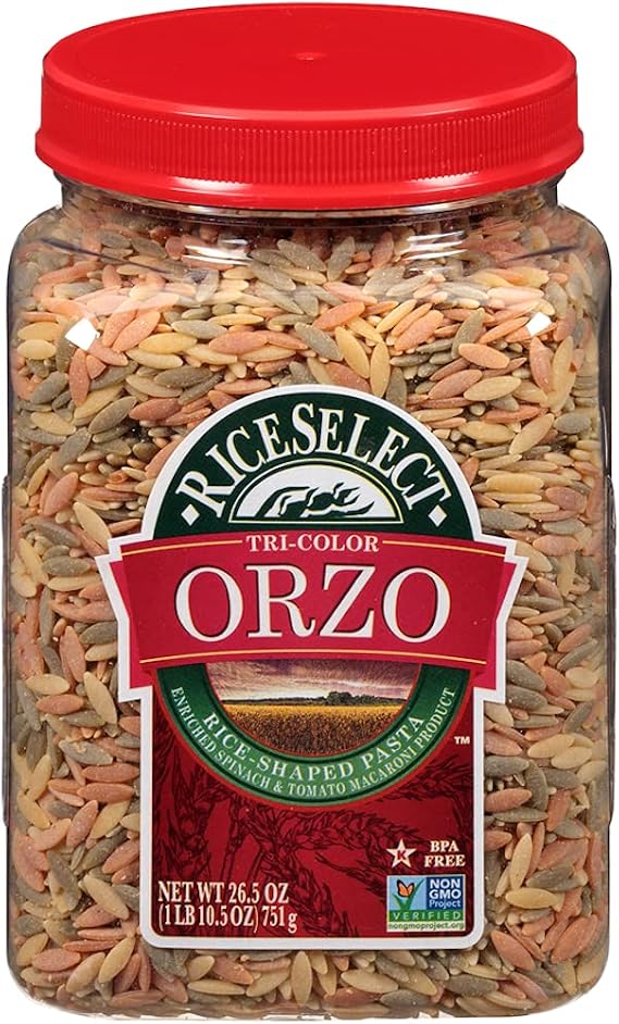 RiceSelect Tri-Color Orzo Pasta, Non-GMO, 26.5 oz (Pack of 4 Jars)