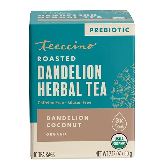 Teeccino Dandelion Coconut Tea - 10 Tea Bags - Caffeine Free, Roasted Herbal Tea with Prebiotics, 3x More Herbs than Regular Tea Bags, Gluten Free