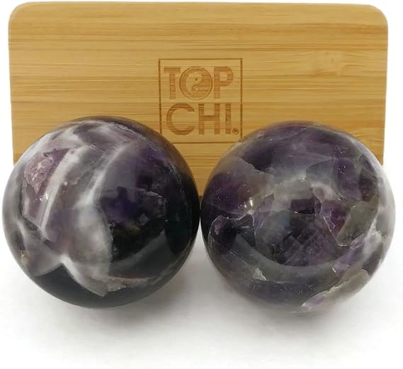 Top Chi Amethyst Baoding Balls with Bamboo Stand for Hand Therapy, Exercise, and Stress Relief (Medium 1.6 Inch)
