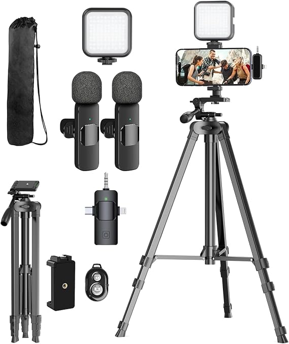 Ultimate Vlogging Kit for iPhone/Android: TikTok & Influencer YouTube Starter Kit with Wireless Microphone, Camera Tripod & Fill Light.