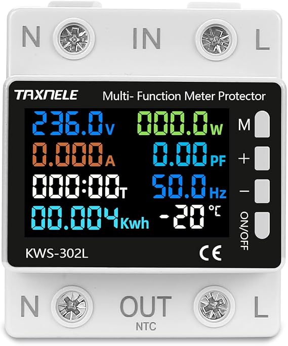 Energy Meter Tester Electricity Usage Monitor Multi-Function Meter Over Under Voltage Protector Protection Relay Switch Over Current Limiter Voltmeter Ammeter Energy kWh Temperature Meter Thermometer