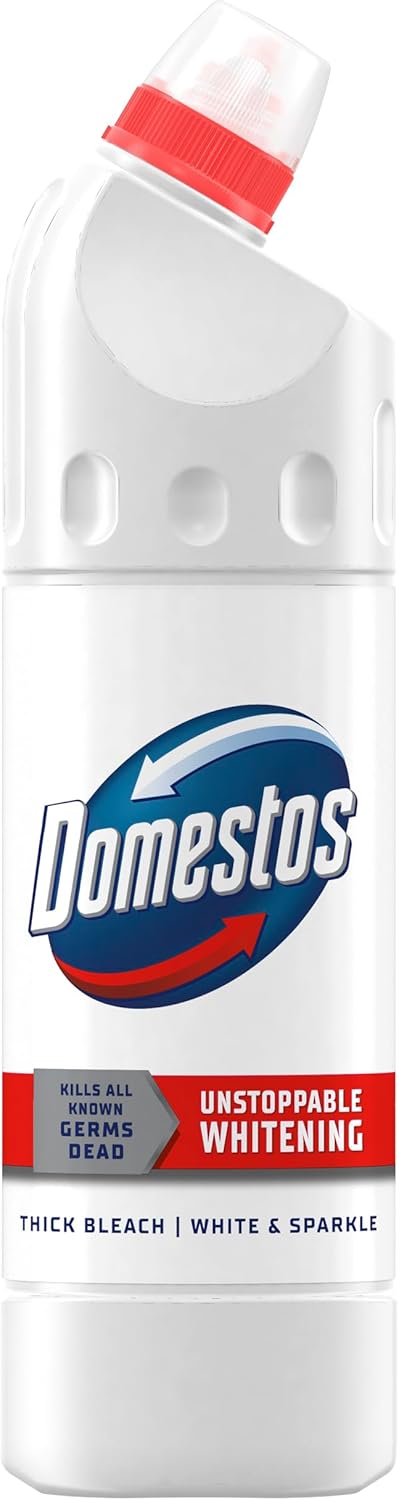 Domestos White & Sparkle Thick Bleach disinfectant that eliminates 99.99% of bacteria and viruses unstoppable whitening power 750 ml