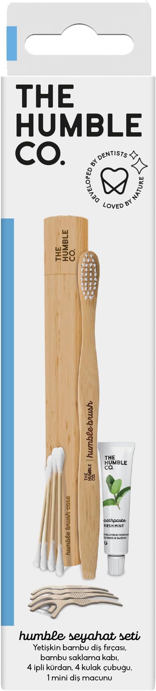 The Humble Co. - Humble Brush Ağız Bakım Seyahat Seti (diş fırçası + diş macunu + kulak çubuğu + kürdanlı diş ipi + bambu kap)