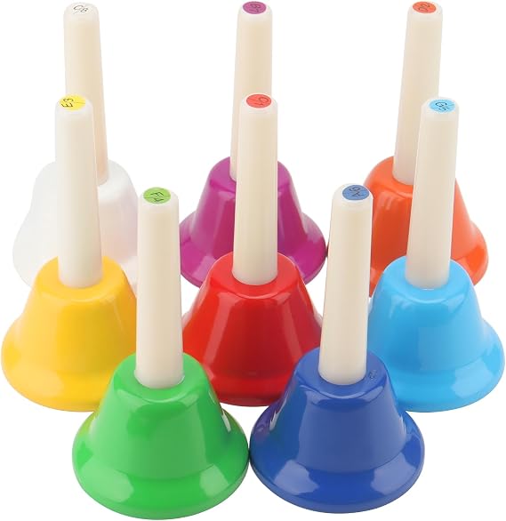 MOUYAT Hand Bells Set, 8 Colourful Metal Bells with Plastic Handles for Learning, Celebrations, and Family Fun, Ideal for Musicians, Performers, and Sound Enthusiasts