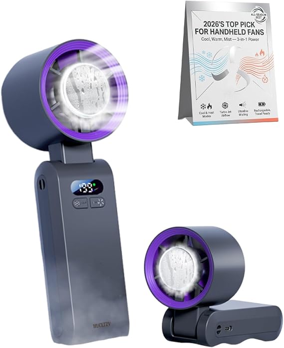 Portable Fan Handheld Mini Hand Held Cooling Rechargeable Travel Chill Pill Turbo Blade Cool and Heat Cooler Small Cold Electric Lash Air Misting Ice Blows like with Mist Powerful(Gray)