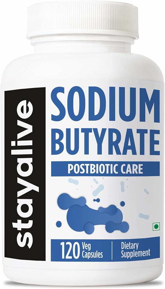 STAY ALIVE Sodium Butyrate Supplement 1200mg, Pure Butyric Acid Postbiotic, 120 Count, 2 Month Supply, Non-GMO and Gluten-Free Butyrate Powder Capsules