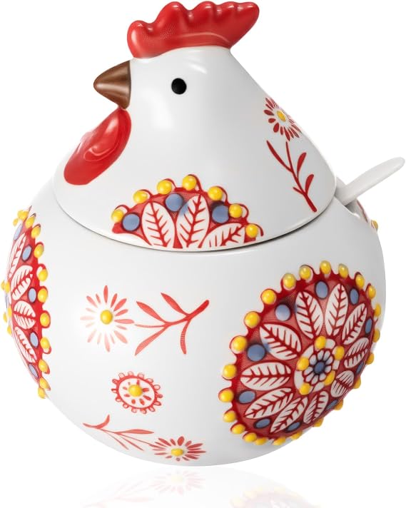 Ceramic Salt Cellar with Lid and Spoon, 13 oz Large Chicken Salt Jar,Red | For Counter, Coffee, Spices, Candy, Salt, Sugar, Pepper, Seasoning, for Countertop, Farmhouse Kitchen Style,Rooster Container