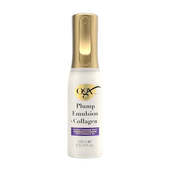 OGX Plump Emulsion + Collagen Conditioning Hair Mist, 6.5 fl oz | Volumizing Hair Spray, Marula Oil, 3x Plumper Hair for up to 72 Hours, 450F Heat Protection, Without the Weight