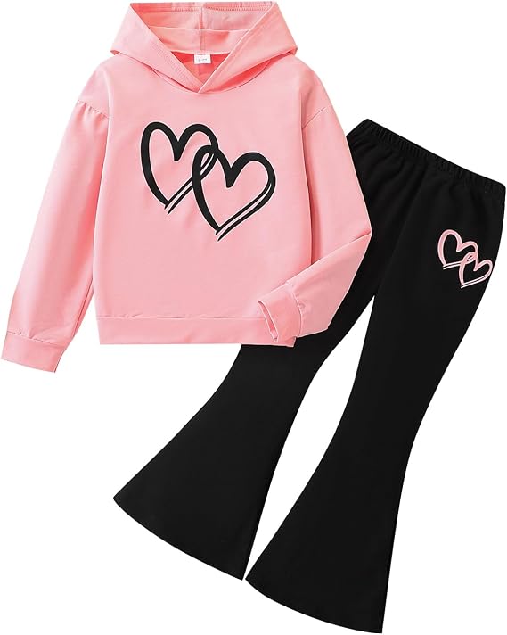 6-13 Years Girls Clothing Heart Print Hoodie Top + Heart Print Flare Leg Pants 2PC Clothing Set