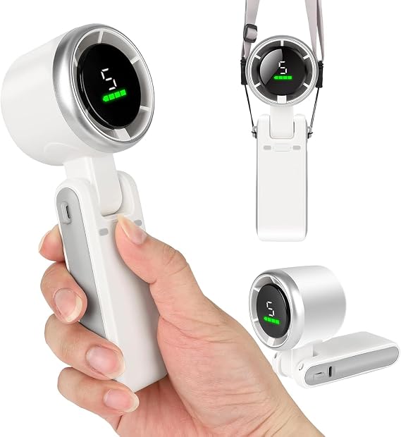 ROBEVE Blic BWFN22 Turbo El Vantilatörü Mini Fan Vantilatör Katlanabilir 3’ü 1 Arada Taşınabilir Fan 5 Kademeli LED Ekranlı USB-C Şarjlı Mini Vantilatör Boyun Askılı Masaüstü Kullanım (Beyaz)