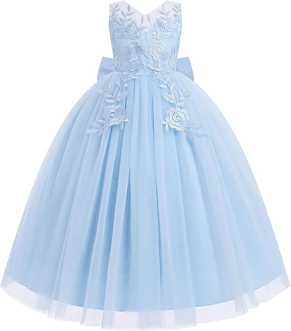 IDOPIP Flower Girl Lace Dress for Kids Wedding Bridesmaid Pageant Party Formal Long Gown Princess Communion Tulle Bow Dresses