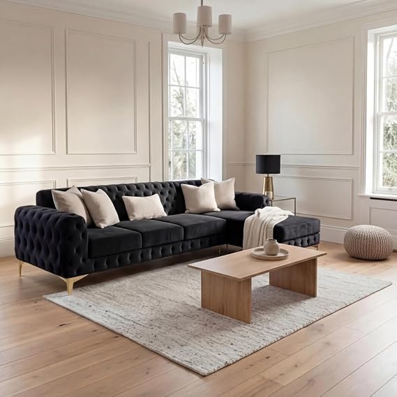 Sofaya L-Shaped Plush Velvet Chesterfield Deep Button Tufted Sofa– Cushions & Legs, 4–5 Seater Upholstered Sofa couch for Living Room (Black Plush, Fabric Swatch)
