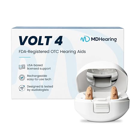 MDHearing VOLT 4 OTC Hearing Aids for Seniors Behind-the-Ear Hearing Aids | Portable Charging Case, Advanced Noise Cancelling, Fits Comfortably with Glasses, Doctor-Designed, Digital Hearing Aids